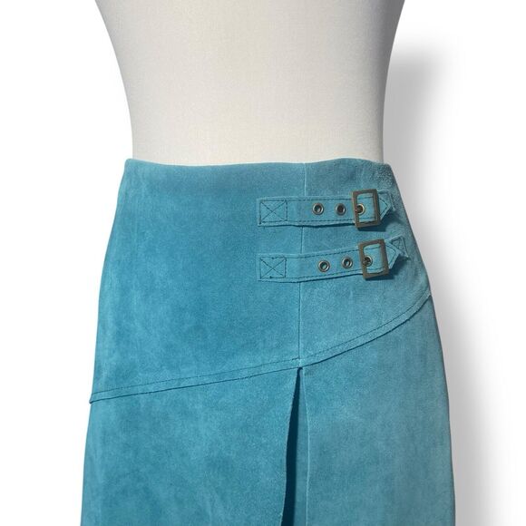 Anthropologie Leifsdottir Women Suede Leather Knee Length Skirt Teal Size 10 - Picture 2 of 14